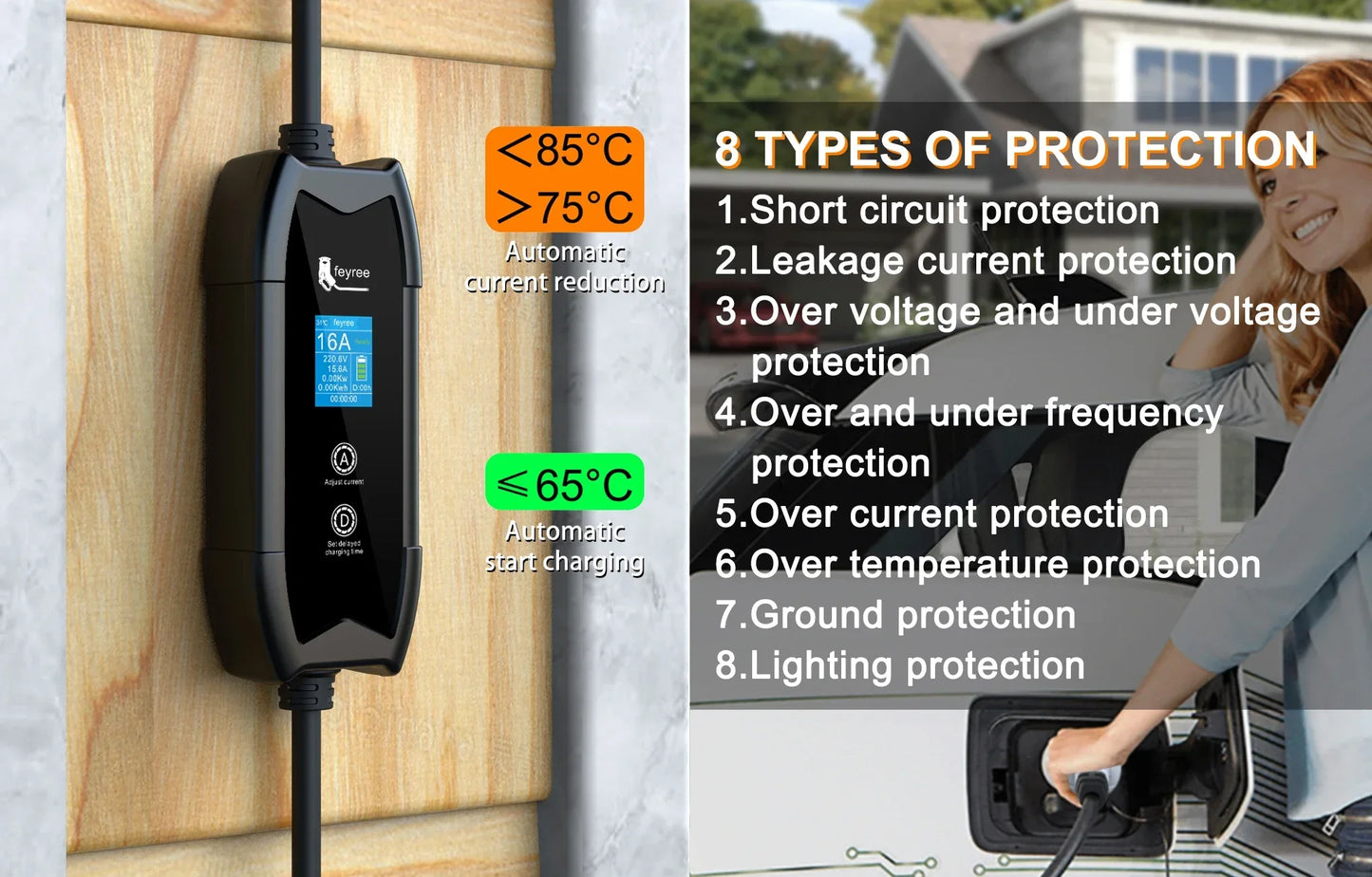 feyree EV Charger Portable 3.5kW Tesla NACS Charger Plug 1.8" LCD Screen with Set Delay Schedule Charging Station for Tesla Cars
