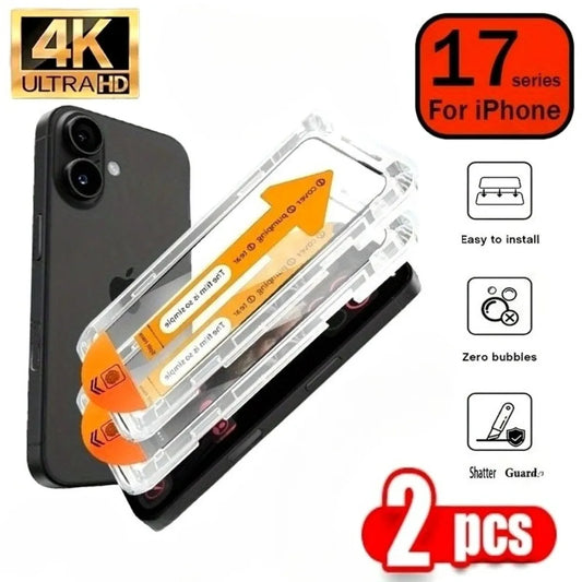 2Pcs Full Cover HD Screen Protector for iPhone 17 16 15 Pro Max 13 12 14 Pro 16 15 Plus 17 Air  Dust Free Install Tempered Film