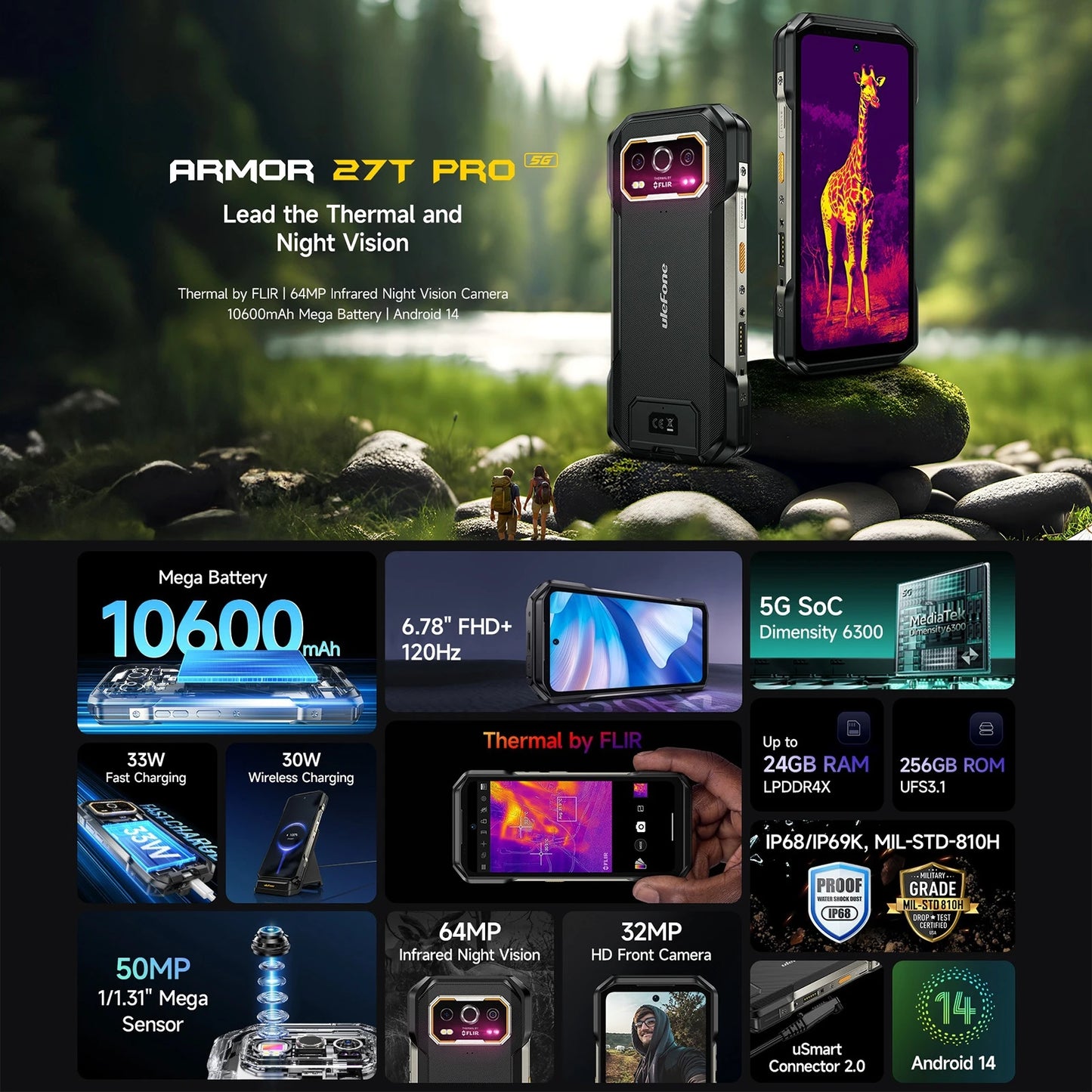 Ulefone Armor 27T Pro Rugged Phone 5G Thermal Imaging 6.78'' 10600mAh 33W 12GB+256GB 64MP Night Vision Camera Android 14 NFC