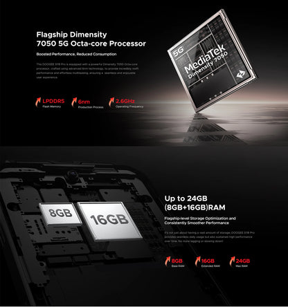 DOOGEE S118 Pro 5G Rugged Phone Dimensity 7050 10800mAh Battery 6.6'' FHD 120Hz 8GB RAM 512GB ROM Cell Phone NFC