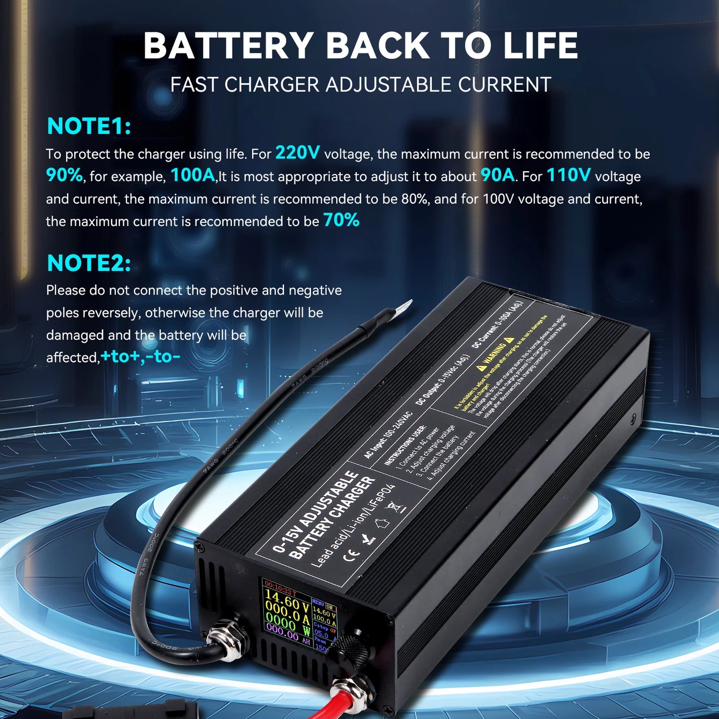 12V LiFePO4 Battery  60A 100A Anti reverse connectionAdjustable voltage and current Fast  Large Screen Display Charger