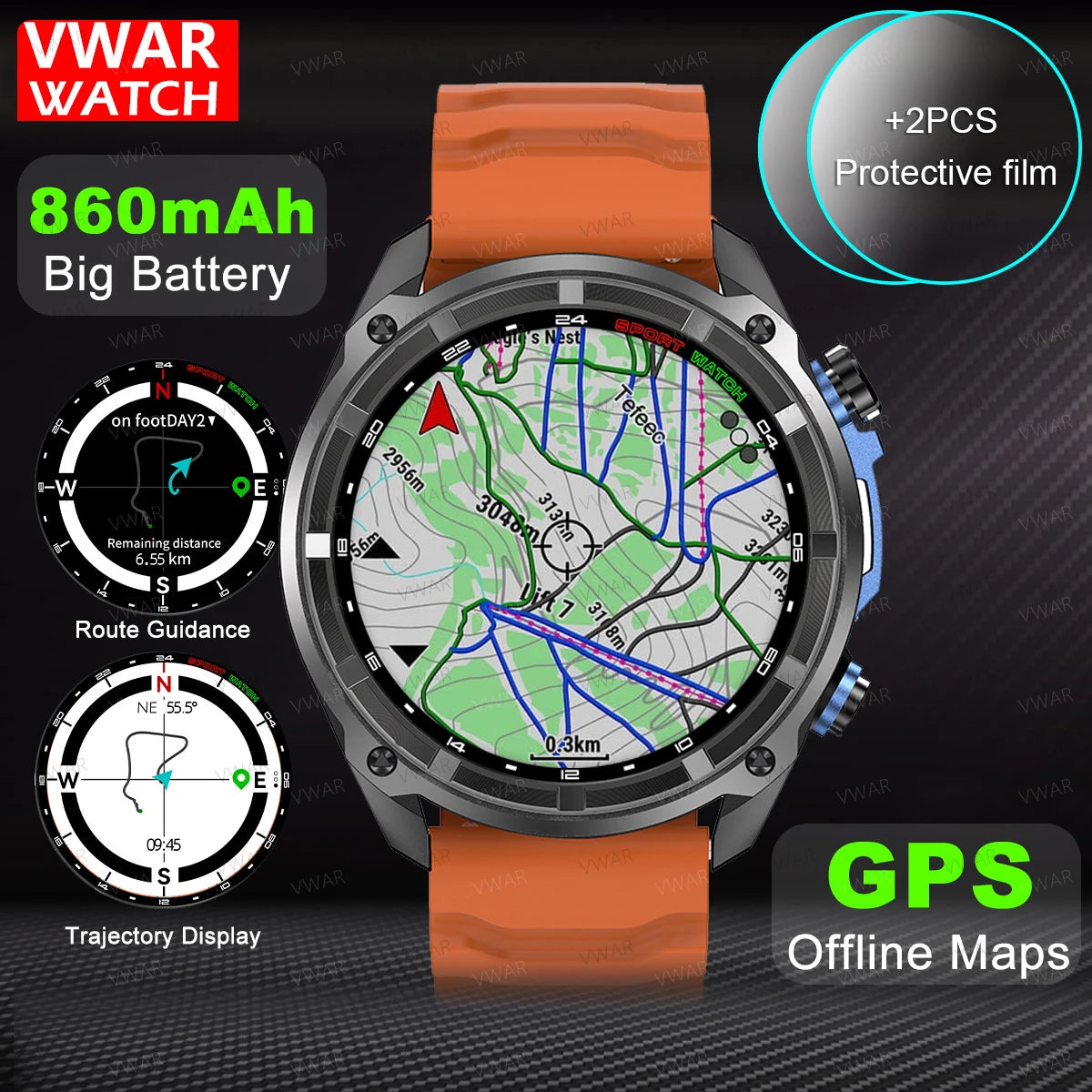 2025 NEW GPS Smart Watch with Offline Map 30m Waterproof 860mAh Big Battery Military Smartwatch Men 4GB Storage Video Player
