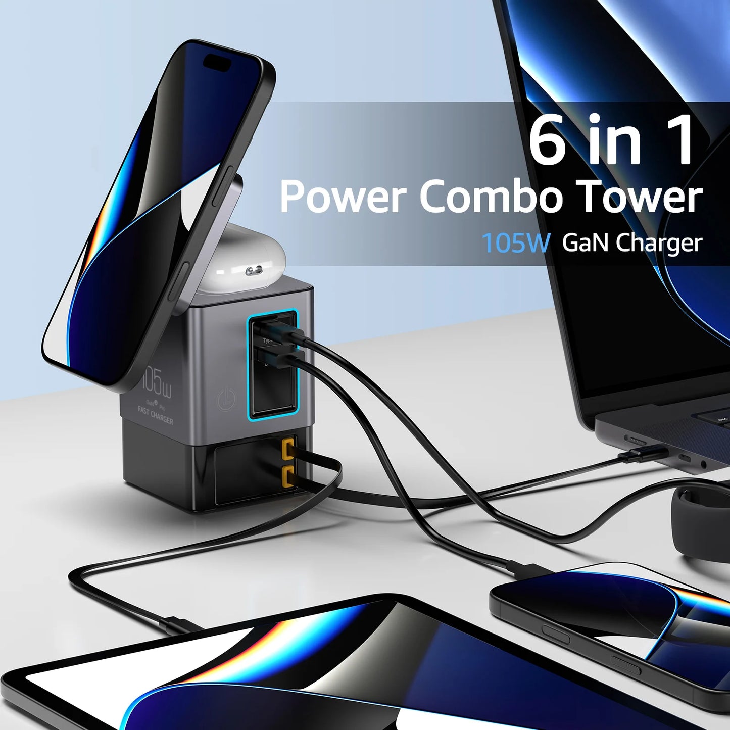 105W Dual Retractable Cable Multi-Port Desktop Charger 2-in-1 Wireless Charger C-Port Blind Plug 65W with LED Ambient Lights