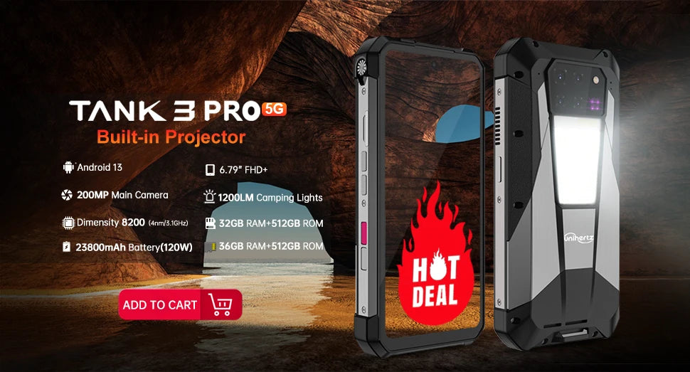 Unihertz Tank 3 Pro 8849 with 100 Lumens 120Hz Projector ,32GB/36GB RAM,512GB ROM,23800mAh 120W Fast Charger,5G,200MP Camera
