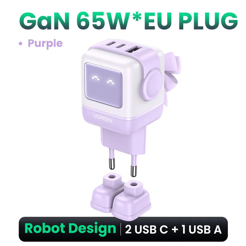 UGREEN 65W GaN Charger Uno Robot Design Quick Charge 4.0 3.0 PPS PD Fast Charger for iPhone 17 16 15 Pro Macbook  Laptop Tablet