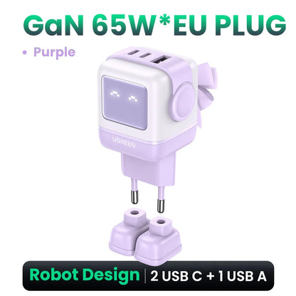UGREEN 65W GaN Charger Uno Robot Design Quick Charge 4.0 3.0 PPS PD Fast Charger for iPhone 17 16 15 Pro Macbook  Laptop Tablet