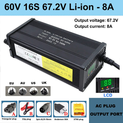 NEW 60V Lithium Battery Charger 67.2V 16S 5A 8A 10A 12A 15A 20A High-power Smart Band Display Rapid Charging Metal Shell