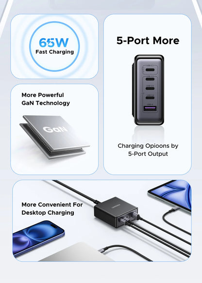 UGREEN 65W GaN Charger PPS QC4.0 PD3.0 5 IN 1 Desktop Charging Station For Phone 16 15 14 Pro Xiaomi Samsung Tablet Macbook Air