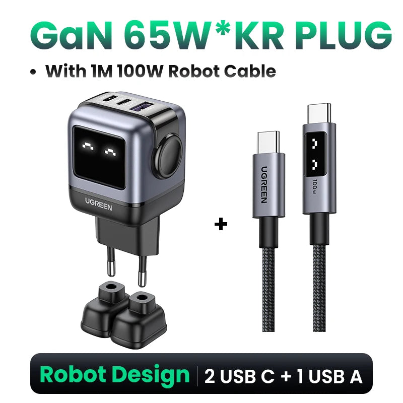 UGREEN 65W GaN Charger Uno Robot Design Quick Charge 4.0 3.0 PPS PD Fast Charger for iPhone 17 16 15 Pro Macbook  Laptop Tablet