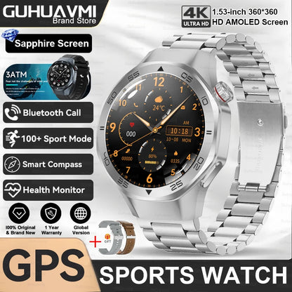 2025New Upgraded Outdoor Sport GPS Smart Watch Men 1.53" HD AMOLED Screen GPS track Heart Rate Bluetooth Call Compass SmartWatch