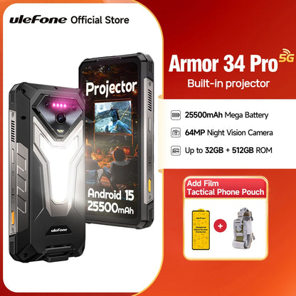 Ulefone Armor 34 Pro 5G AI 25500mAh Rugged Phone Smartphone Android 15 32GB+512GB Built-in DLP Projector 6.95" NFC Mobile Phone