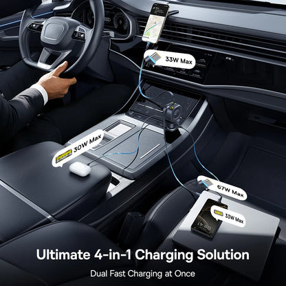 Baseus 100W Car Charger PD QC Fast Charging Dual Type-C Retractable Cable 4 ports 450°Rotation For Laptop Tablet iPhone Samsung