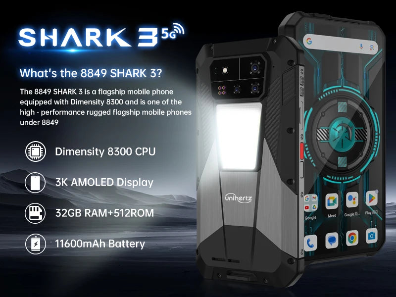 Unihertz  SHARK 3 by 8849 Smartphone Android 14 32GB 512GB Dimensity 8300 3K AMOLED Screen 11600mAh Night Camera 5G Rugged Phone