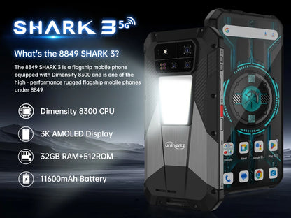 Unihertz Shark 3 by 8849 Rugged Smartphone android 14 3K AMOLED Display 32GB RAM 512GB ROM Dimensity 8300 CPU Mobile Phone