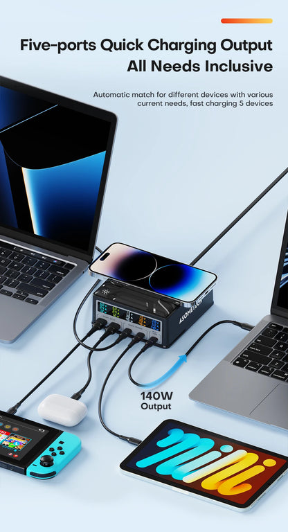 ASOMETECH 260W GaN Charger Digital Display Desktop USB Type C Charger 140W PD3.1 PPS QC4.0 Quick Charger For Laptop Tablet Phone
