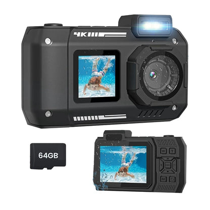 3CGRO-Waterproof Camera 4K 65MP Underwater Camera With 64G Card, For Snorkeling Autofocus Selfie Dual-Screen