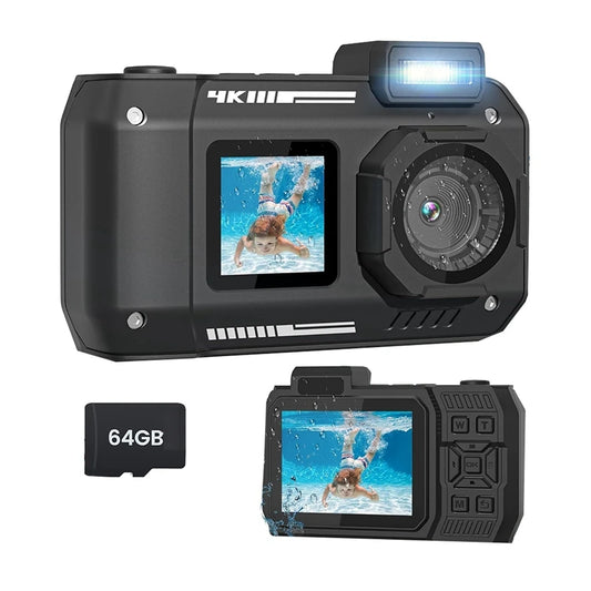 3CGRO-Waterproof Camera 4K 65MP Underwater Camera With 64G Card, For Snorkeling Autofocus Selfie Dual-Screen