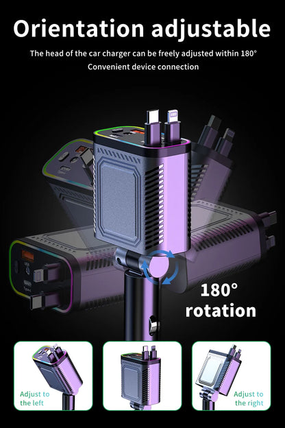 4 in 1 120W PD 33W Car Charger Retractable Car Cigarette Lighter Adapter Star Light Lighting Type C 70cm Charger Cable for Phone