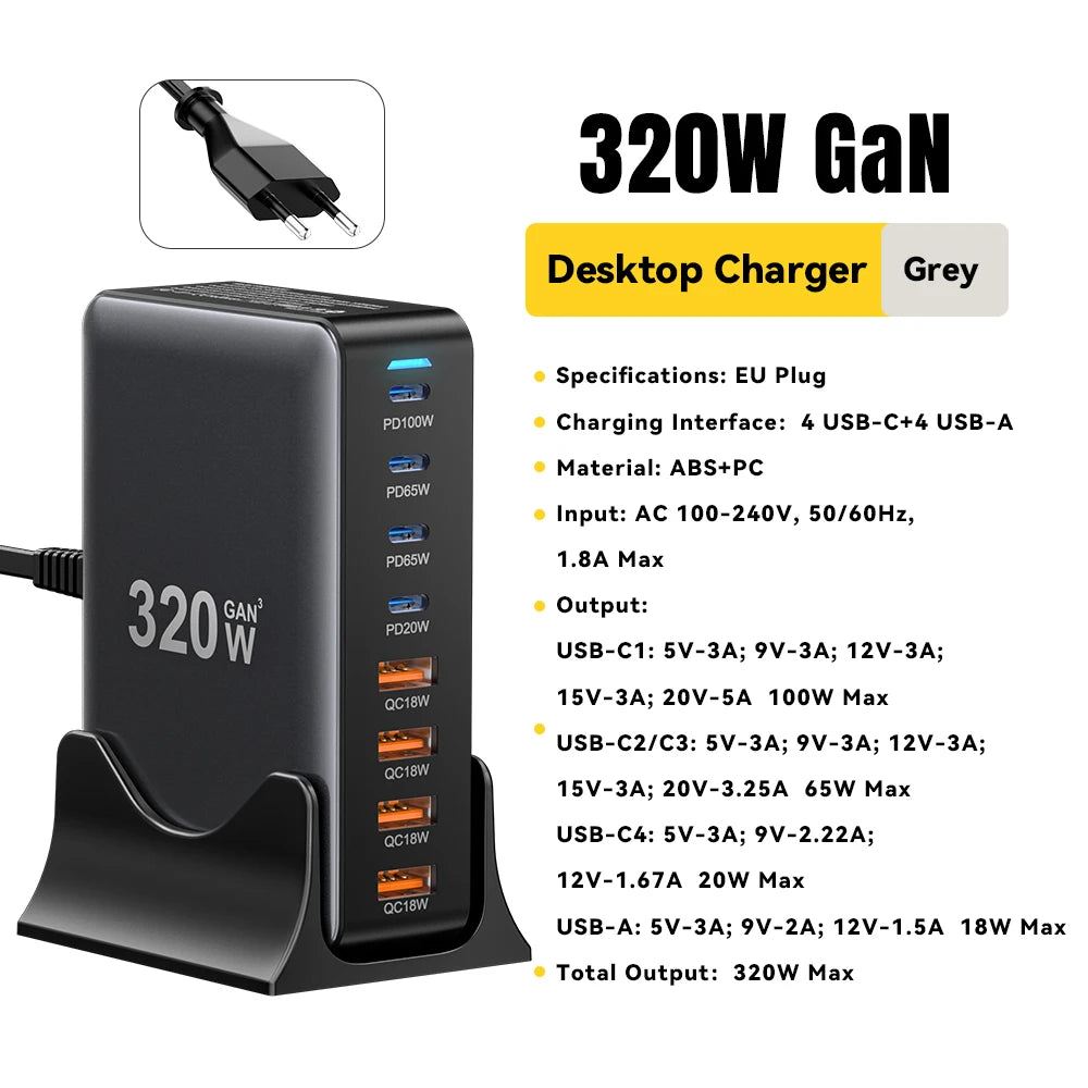 Essager 320W GaN Charger 8Port USB Type C Desktop Charging Station PD 100W Fast Charging For iPhone 17 16 15 iPad MacBook Laptop