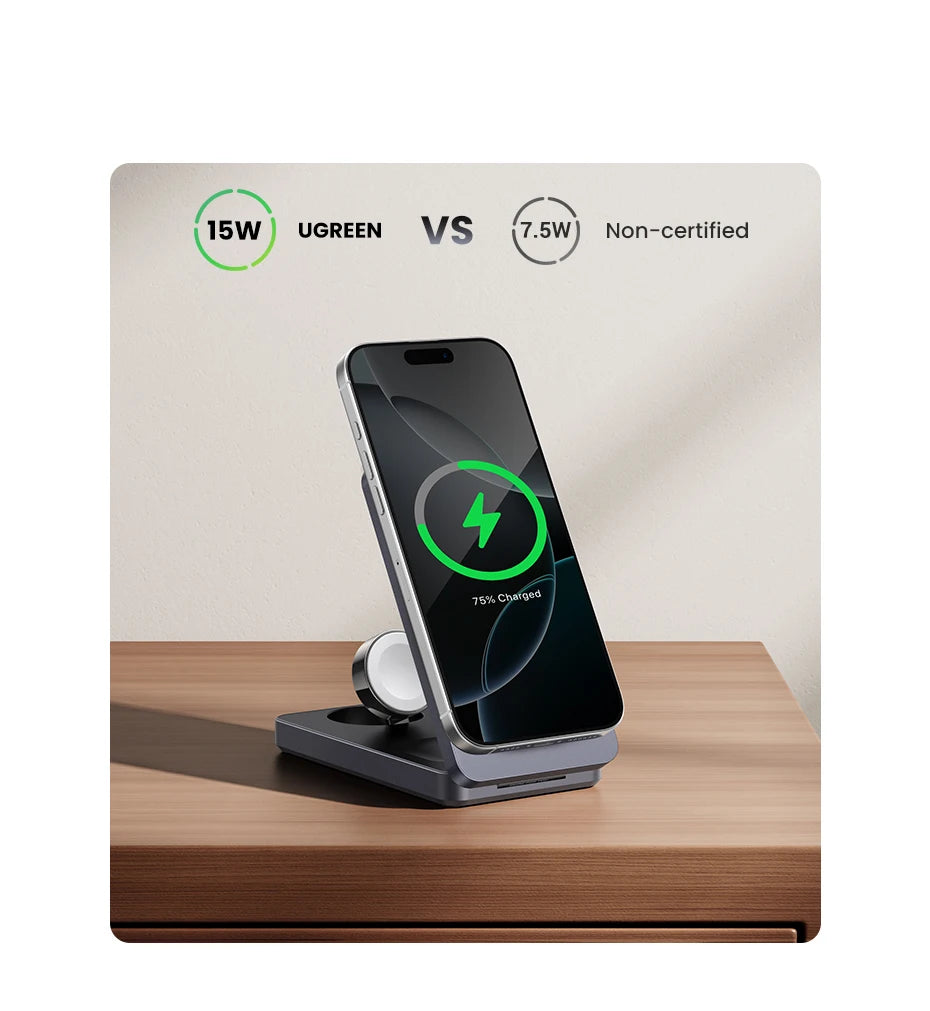 UGREEN 3-in-1 MFi 15W MAX Magnetic Wireless Charger Qi2 Charging Stand For iPhone 16 17 Pro Max For MagSafe Fast Charger