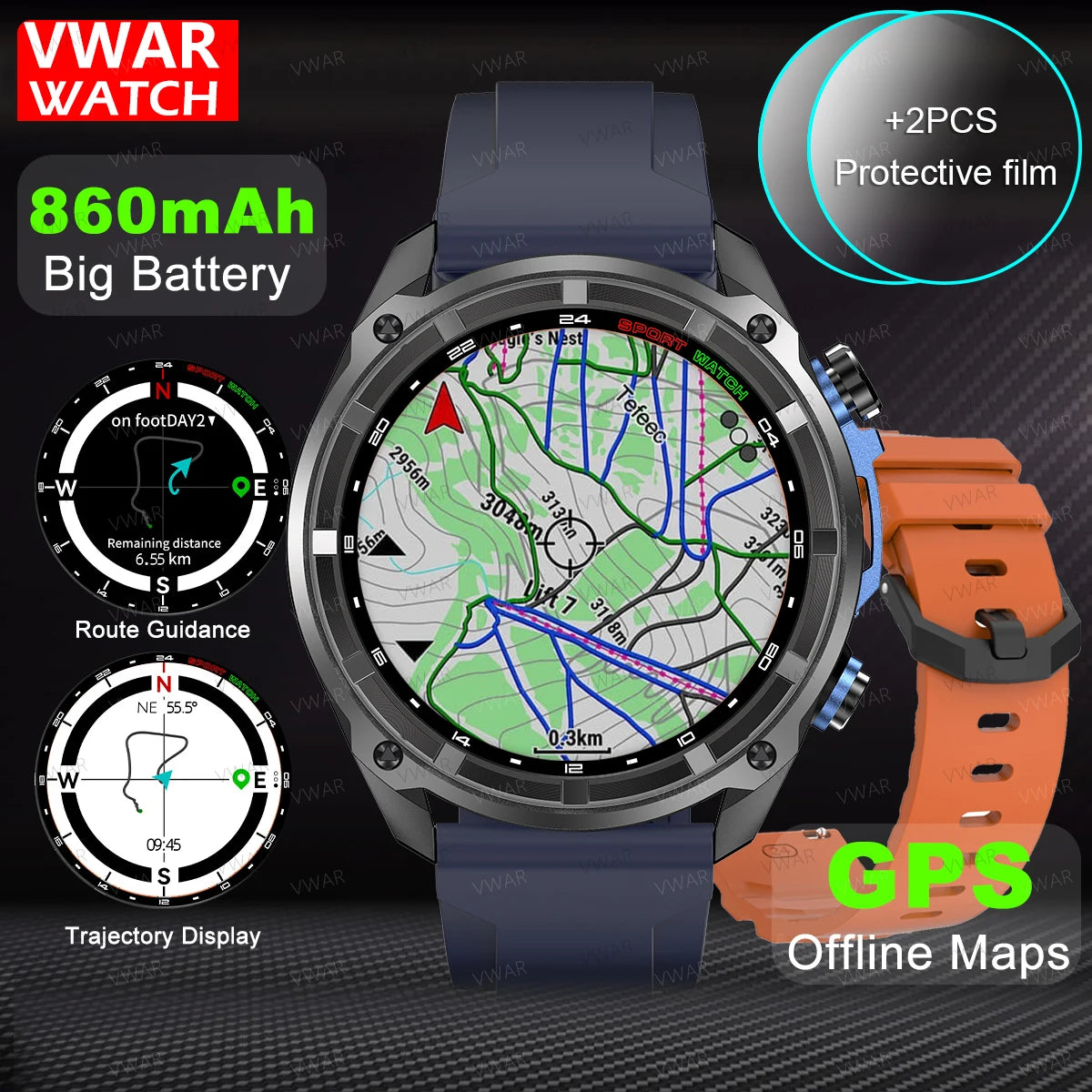 2025 NEW GPS Smart Watch with Offline Map 30m Waterproof 860mAh Big Battery Military Smartwatch Men 4GB Storage Video Player