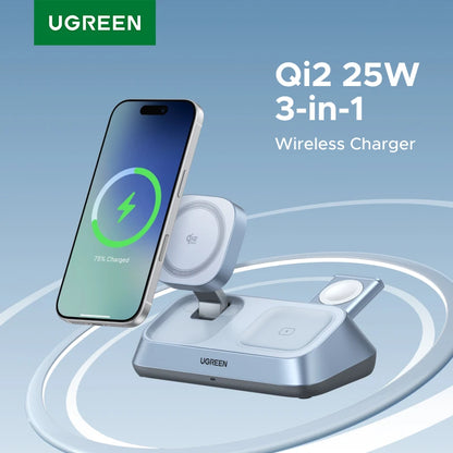 UGREEN Qi2 25W MAX Magnetic Wireless Charger Stand 3- in-1 Charging For iPhone 17 Pro Max/AirPods 4 For MagSafe Fast Charger