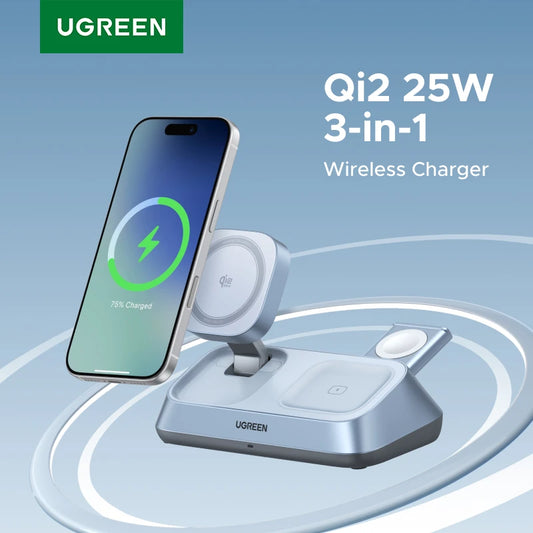 UGREEN Qi2 25W MAX Magnetic Wireless Charger Stand 3- in-1 Charging For iPhone 17 Pro Max/AirPods 4 For MagSafe Fast Charger