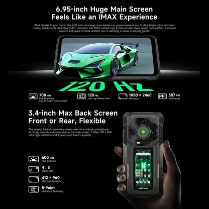 Ulefone Armor 33 Pro Rugged Smartphone 5G Dual Screen 6.95" 120Hz 16GB+512GB 25500mAh Battery 66W 64MP Night Vision NFC