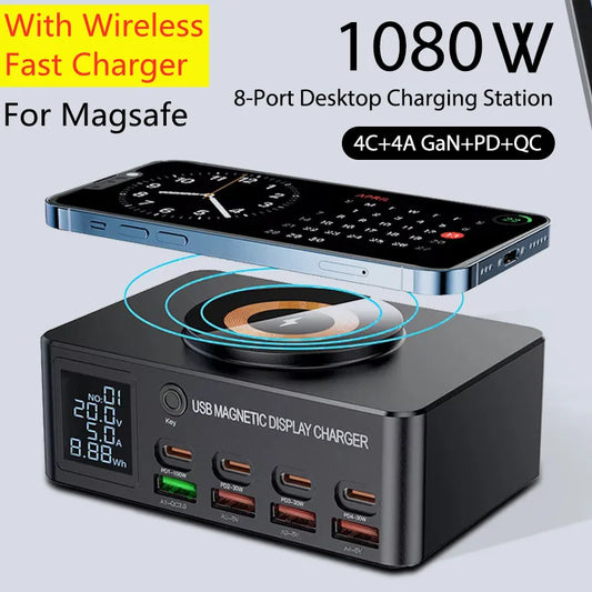 1080W GaN USB C Charger 8-Port Desktop Charger Type C 330W PD3.0 PPS QC3.0 Fast Charging for MacBook Tablet Samsung iPhone 15 16