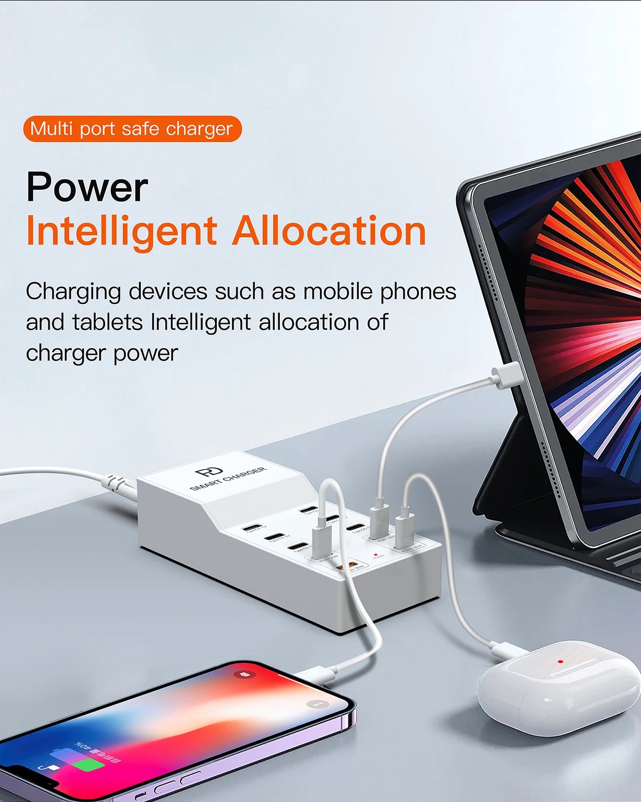AIXXCO 72W 8 Ports PD QC3.0 USB C Fast Charger Type c Wall Adapter Super Fast Charging For Iphone Samsung Ipad Xiaomi