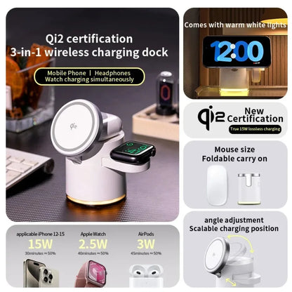 2025 New Qi2 Wireless Charger 3-in-1 Fast Charging Station Stand Folding Holder for iPhone 16 15 14 Pro Max Airpods Apple Watch