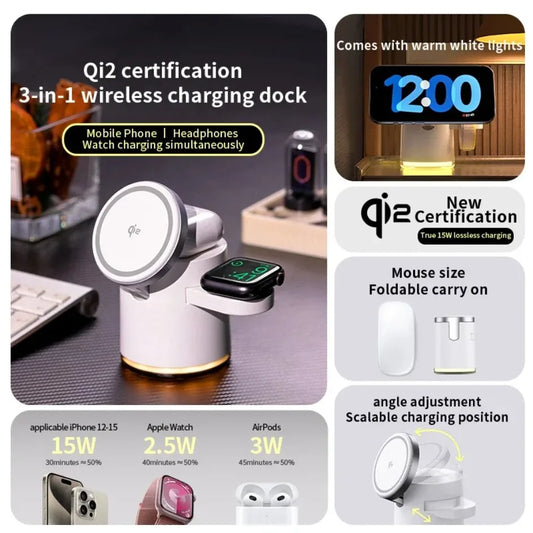 2025 New Qi2 Wireless Charger 3-in-1 Fast Charging Station Stand Folding Holder for iPhone 16 15 14 Pro Max Airpods Apple Watch