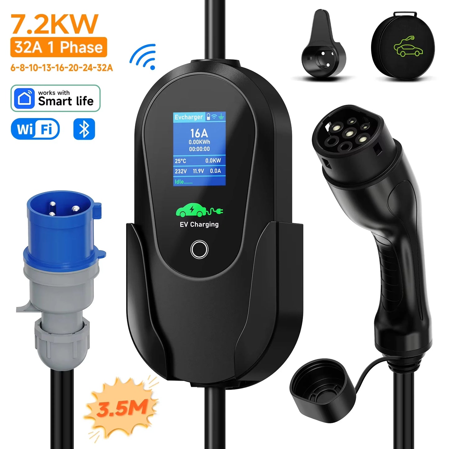 AFEEV Type2 IEC 62196-2 Portable EV Charger 7.2KW 32A Type1 SAEJ1772 Wallbox EVSE Fast Charging Cable WiFi APP Bluetooth Control