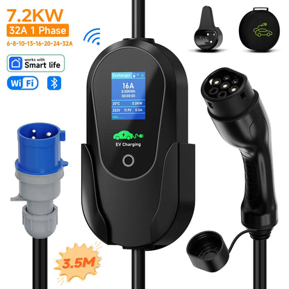AFEEV Type2 IEC 62196-2 Portable EV Charger 7.2KW 32A Type1 SAEJ1772 Wallbox EVSE Fast Charging Cable WiFi APP Bluetooth Control