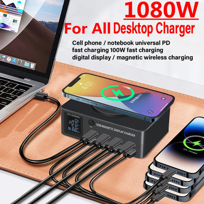 1080W GaN USB C Charger 8-Port Desktop Charger Type C 330W PD3.0 PPS QC3.0 Fast Charging for MacBook Tablet Samsung iPhone 15 16