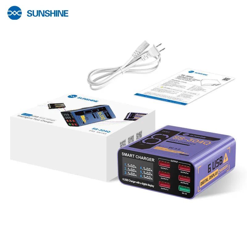 SUSNHINE SS-304Q 6-port Usb Digital Display Fast Charge QC3.0 Smart Fast Charge for Phone Tablet Watch Charging
