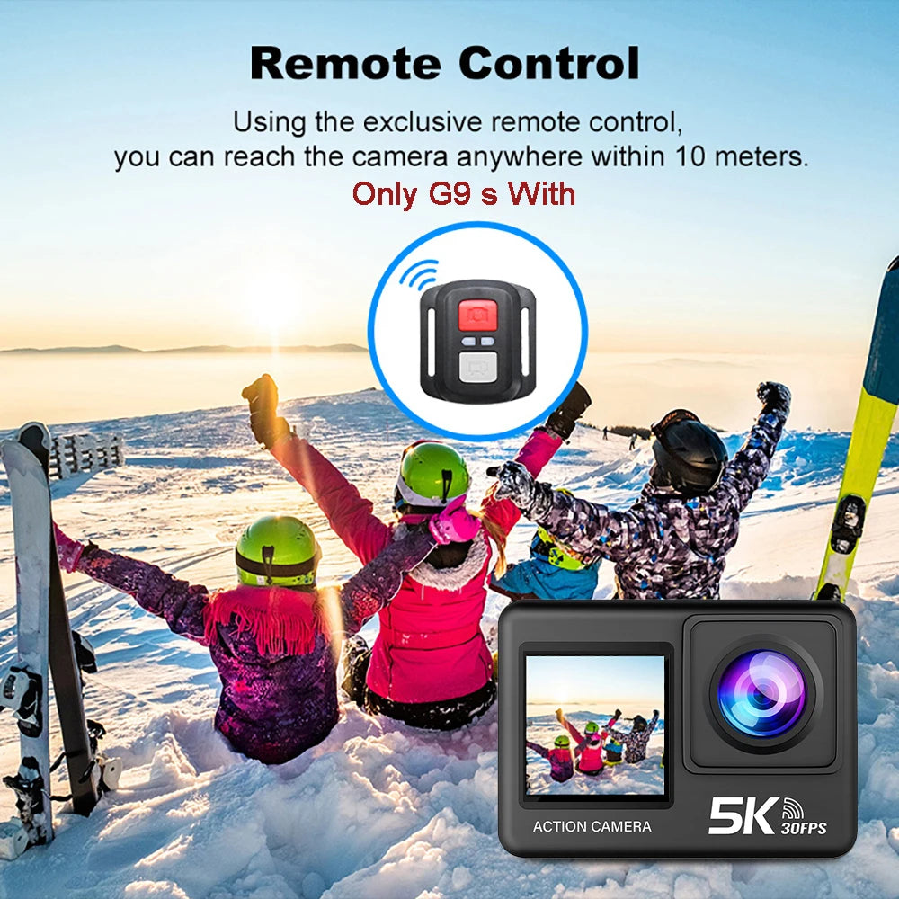 G9SE Action Camera 5K30fps 4K60fps 50MP 2.0 Touch LCD EIS DVR Webcam Dual Screen Wi-Fi 170D Waterproof 30M 5X Zoom Sports Camera