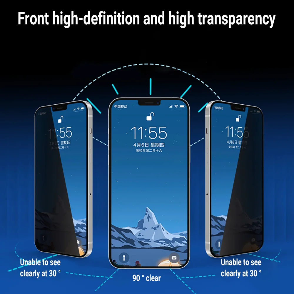 1-2PCs Privacy Screen Protector For iPhone 16 15 14 13 12 11 Pro Max XR XS X 8K Oleophobic Coating Dust free Installation Glass