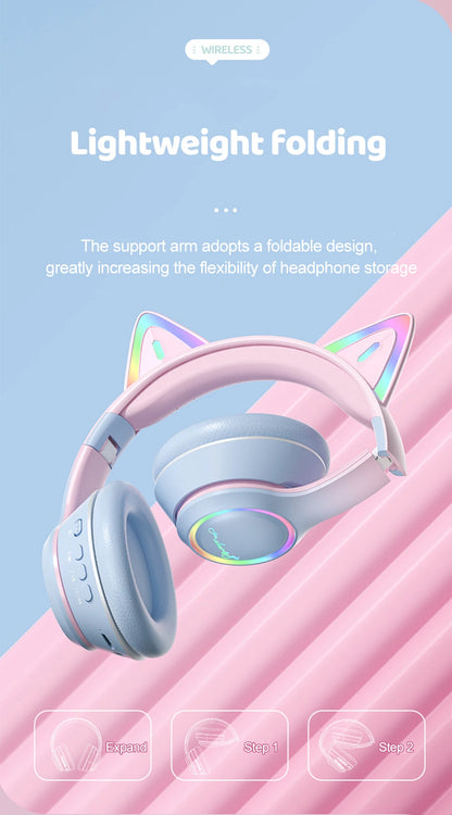 Gradient Wireless Headphones RGB Cat Ear Bluetooth Headphones With Microphone Stereo Music Game Earphone For Girls Kids Gifts - Universal Market
