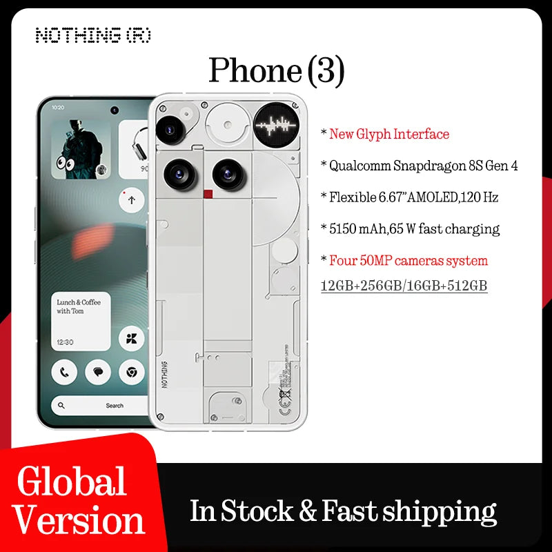 Global Version Nothing Phone (3) Qualcomm Snapdragon 8S Gen 4 6.77 AMOLED 120Hz Triple 50MP Camera 3 mics