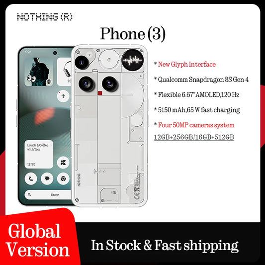 Global Version Nothing Phone (3) Qualcomm Snapdragon 8S Gen 4 6.77 AMOLED 120Hz Triple 50MP Camera 3 mics