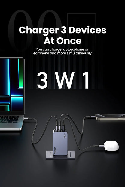 UGREEN 100W GaN Charger USB C Charger QC4.0 3.0 Quick Charge For Macbook Laptop Tablet PD Fast Charger For iPhone 17 16 15 Pro