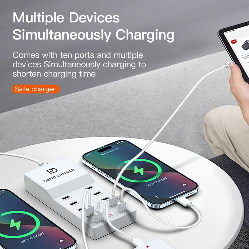AIXXCO 72W 8 Ports PD QC3.0 USB C Fast Charger Type c Wall Adapter Super Fast Charging For Iphone Samsung Ipad Xiaomi