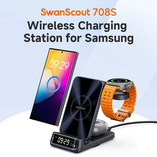 SwanScout 708S Charging Station for Samsung S25 S24 Ultra S23 Z Flip 7 Fold 6 5 Wireless Charger for Galaxy Watch 8 7 for Buds 3