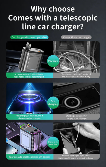 4 in 1 120W PD 33W Car Charger Retractable Car Cigarette Lighter Adapter Star Light Lighting Type C 70cm Charger Cable for Phone