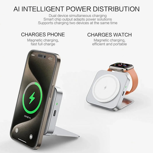 15W Fast Wireless Charger Magnetic 2 in 1 Foldable Wireless Charging Station Fast Charging Phone Stand Portable Aluminum Magneti