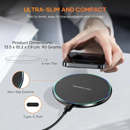 LED Light Wireless Charger Pad For iPhone 16 15 14 13 12 8 X XR Samsung Xiaomi  Airpods Pro Fast Wireless Charging Station