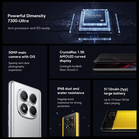 POCO X7 Global Version Cellphone 256GB 512GB Dimensity 7300-Ultra 6.67" 1.5K AMOLED Curved Display 45W Turbo Charging NFC IP68