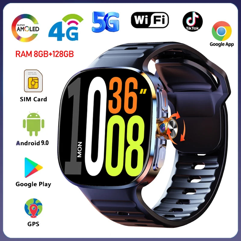 8GB+128GB RAM 5G/4G Android 9.0 Smart Watch 2.4 inch AMOLED 2100mah Battery 900W Camera GPS WIFI Google APPS Download Smartwatch