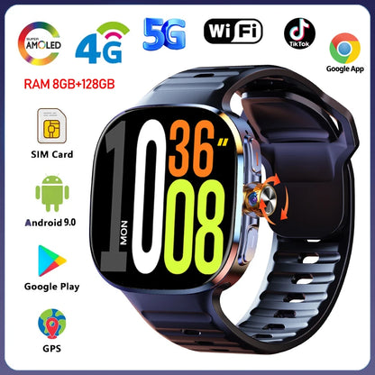 8GB+128GB RAM 5G/4G Android 9.0 Smart Watch 2.4 inch AMOLED 2100mah Battery 900W Camera GPS WIFI Google APPS Download Smartwatch